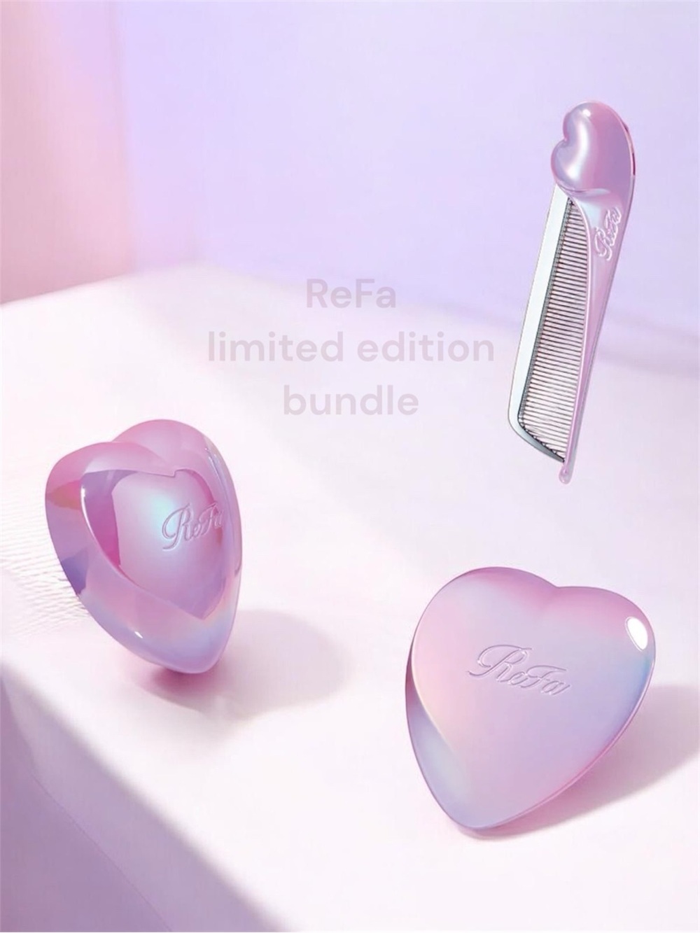 REFA LIMITED 3PCS IRIDESCENT PURPLE HEART BRUSH + FOLDABLE COMB + HEART MIRROR